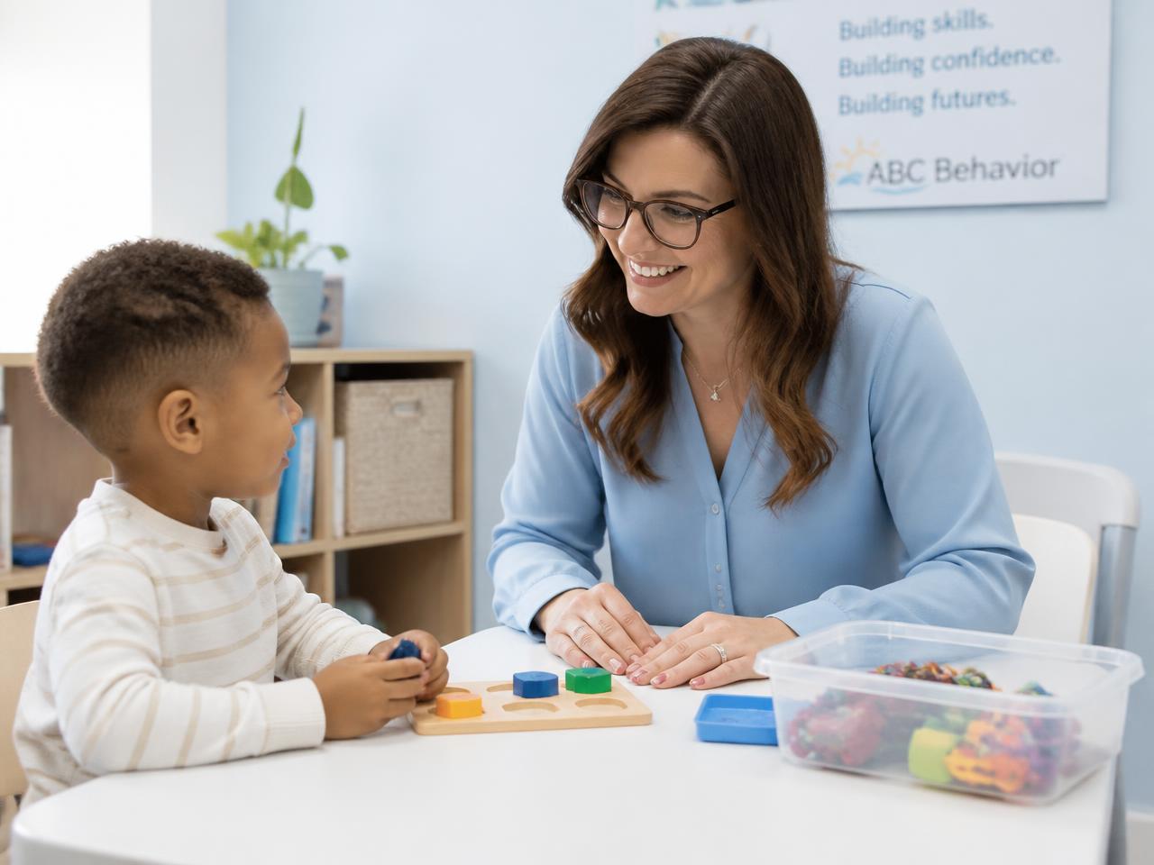 Board certified behavior analyst meeting with a child during ABA therapy